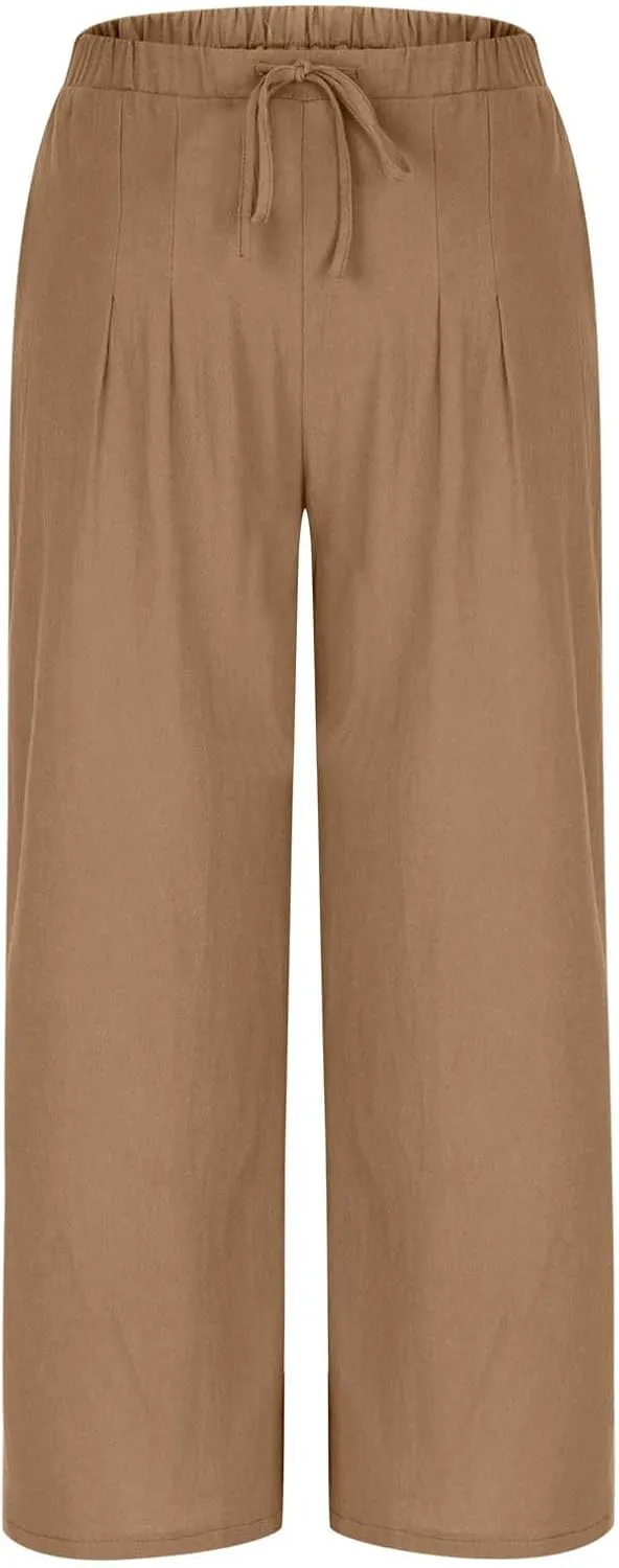 Womens Wide Leg Pants Linen Elastic High Waist Casual Pants Drawstring Loose Fit Flowy Palazzo Trousers with Pockets