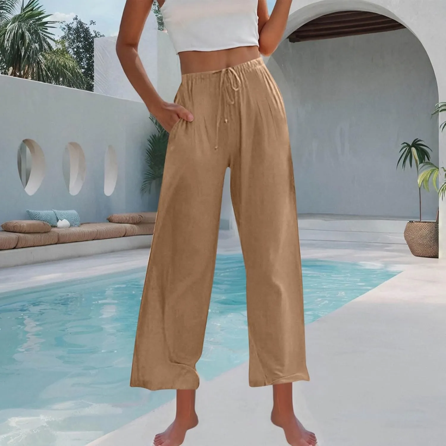 Womens Wide Leg Pants Linen Elastic High Waist Casual Pants Drawstring Loose Fit Flowy Palazzo Trousers with Pockets