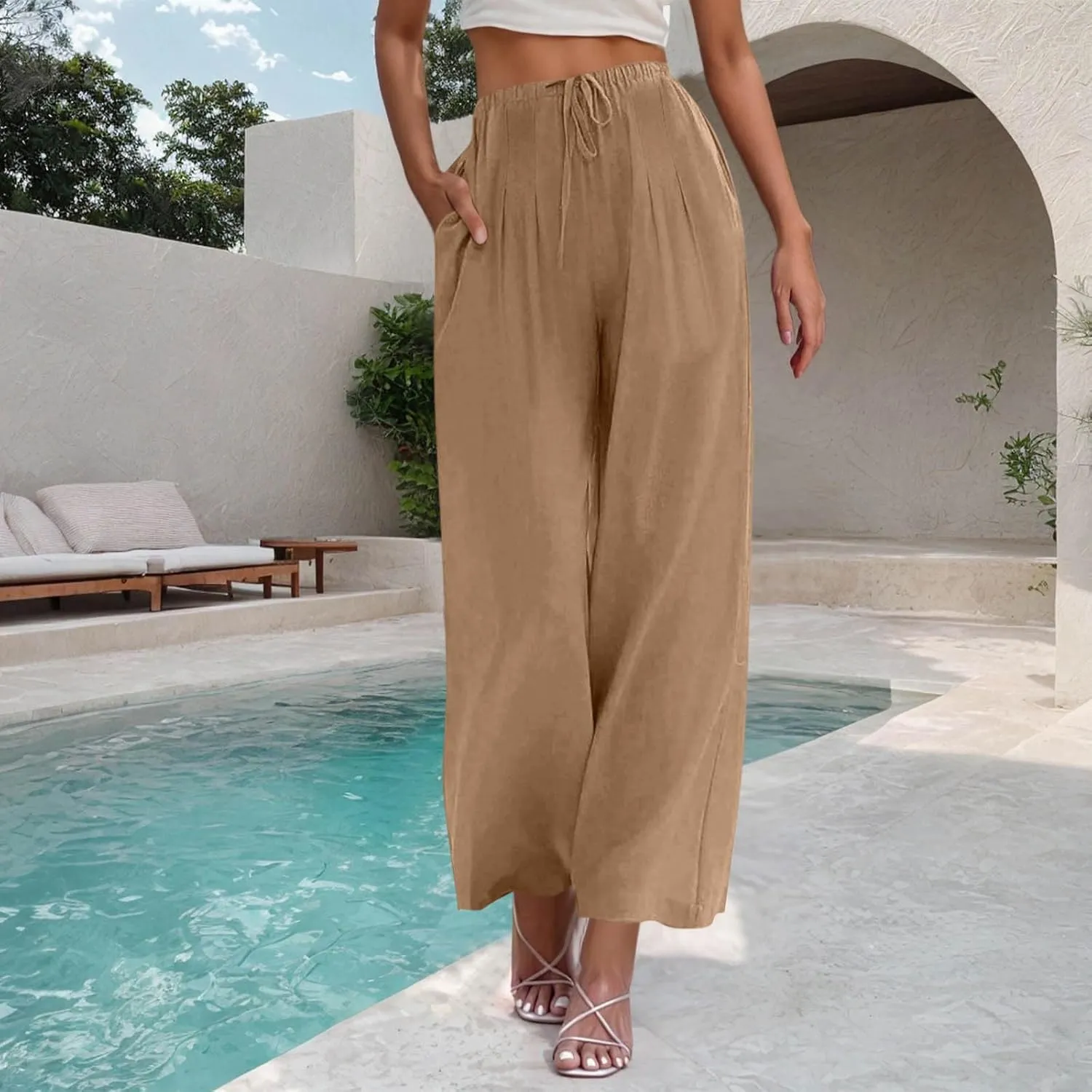 Womens Wide Leg Pants Linen Elastic High Waist Casual Pants Drawstring Loose Fit Flowy Palazzo Trousers with Pockets