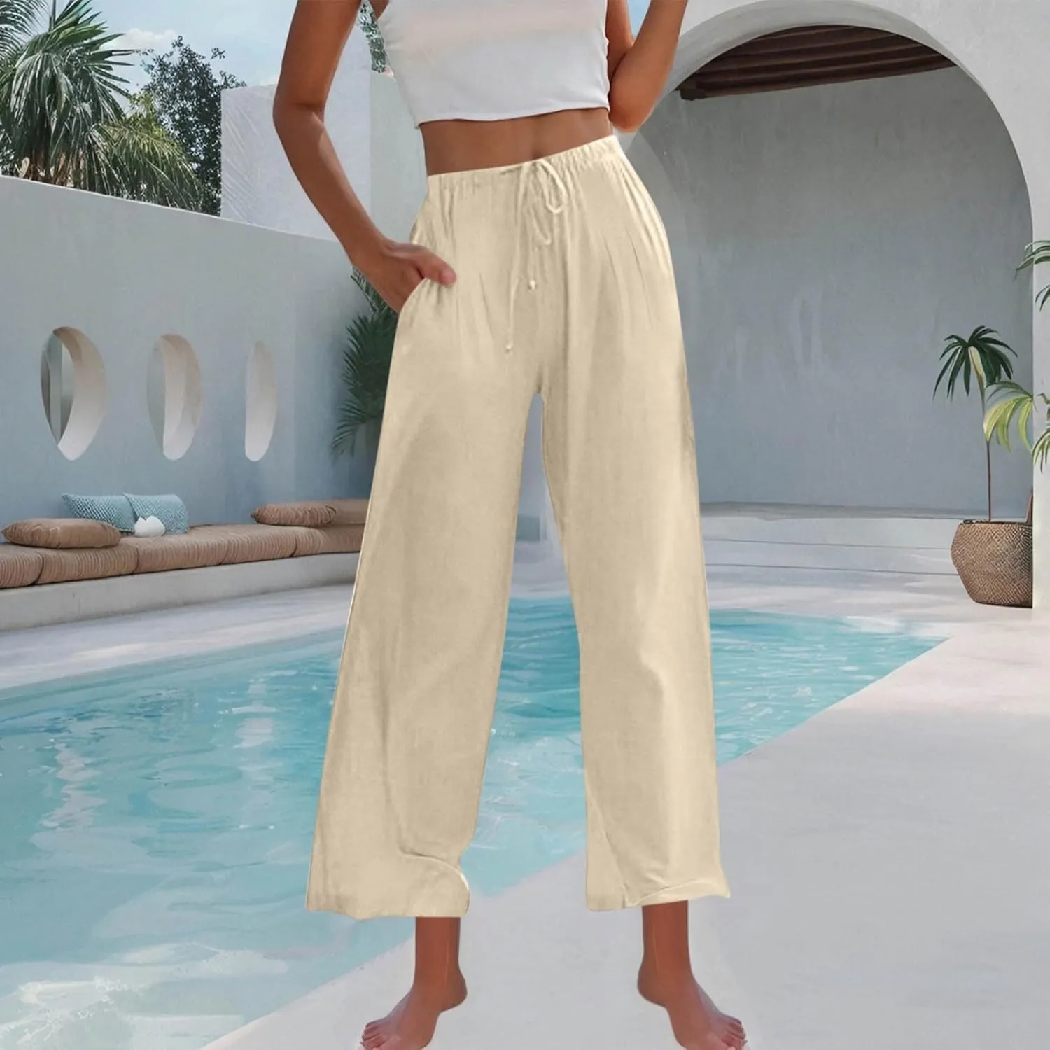 Womens Wide Leg Pants Linen Elastic High Waist Casual Pants Drawstring Loose Fit Flowy Palazzo Trousers with Pockets