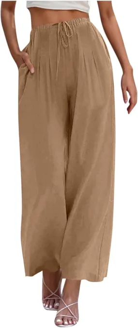Womens Wide Leg Pants Linen Elastic High Waist Casual Pants Drawstring Loose Fit Flowy Palazzo Trousers with Pockets