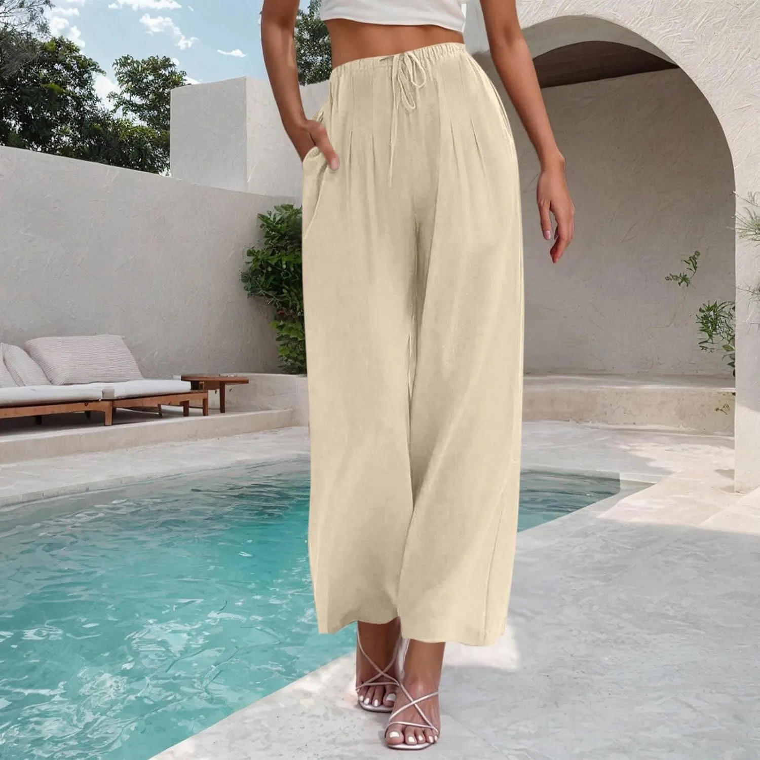 Womens Wide Leg Pants Linen Elastic High Waist Casual Pants Drawstring Loose Fit Flowy Palazzo Trousers with Pockets