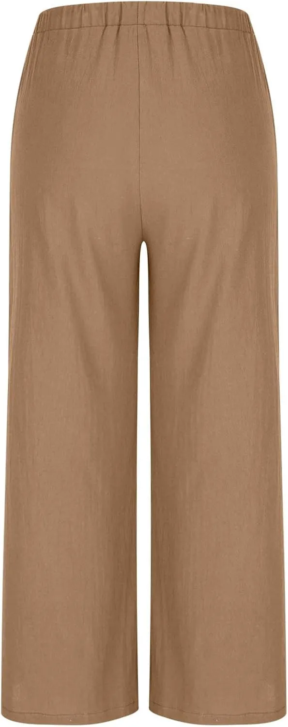 Womens Wide Leg Pants Linen Elastic High Waist Casual Pants Drawstring Loose Fit Flowy Palazzo Trousers with Pockets