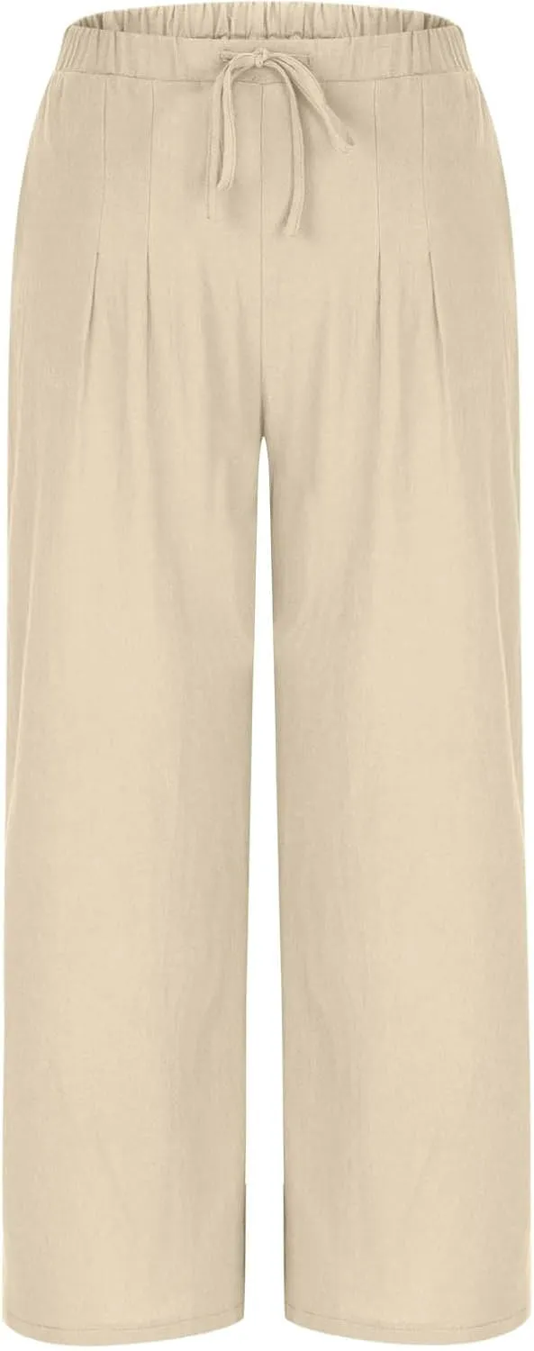 Womens Wide Leg Pants Linen Elastic High Waist Casual Pants Drawstring Loose Fit Flowy Palazzo Trousers with Pockets