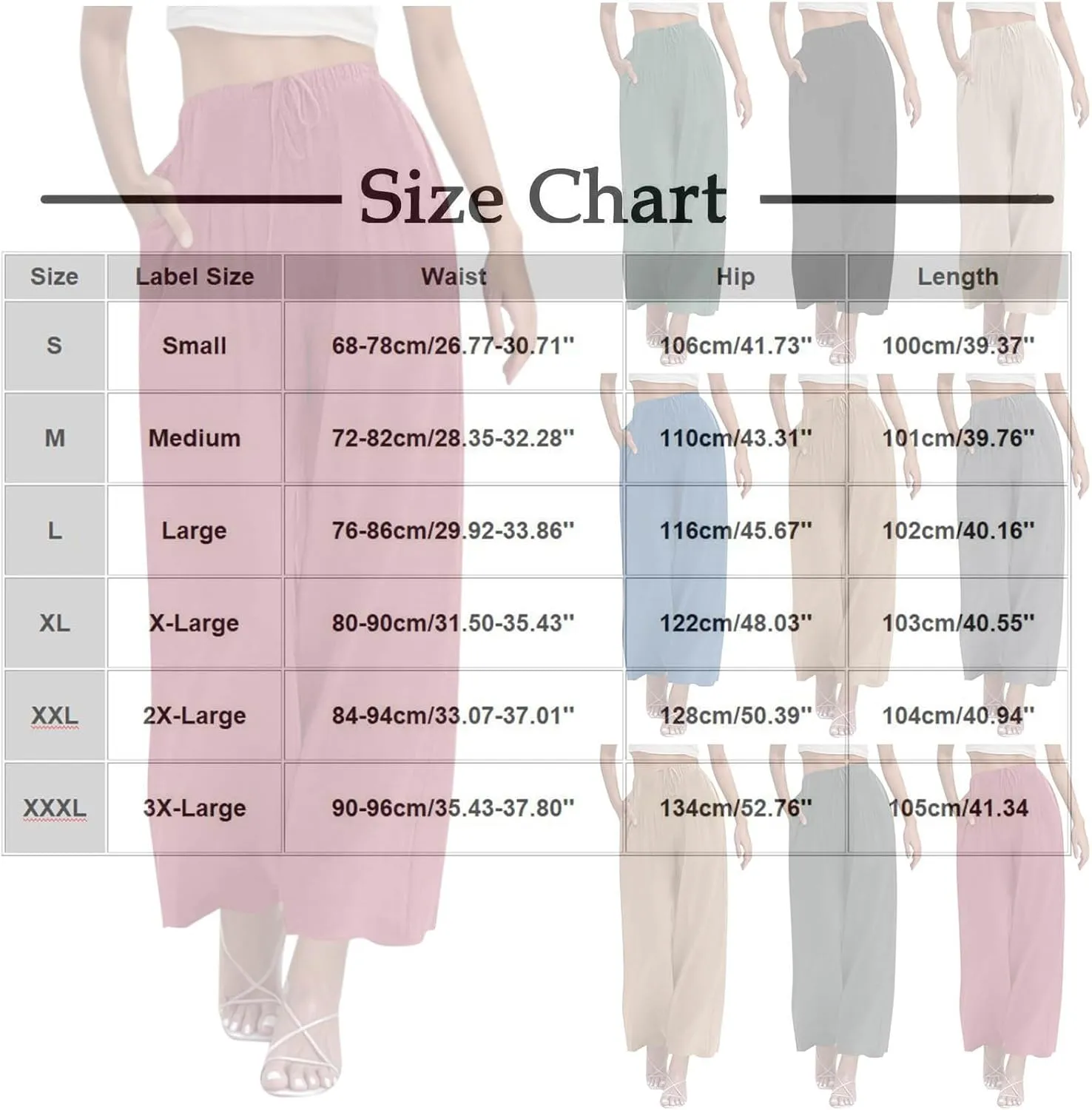 Womens Wide Leg Pants Linen Elastic High Waist Casual Pants Drawstring Loose Fit Flowy Palazzo Trousers with Pockets