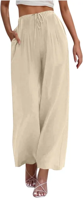 Womens Wide Leg Pants Linen Elastic High Waist Casual Pants Drawstring Loose Fit Flowy Palazzo Trousers with Pockets