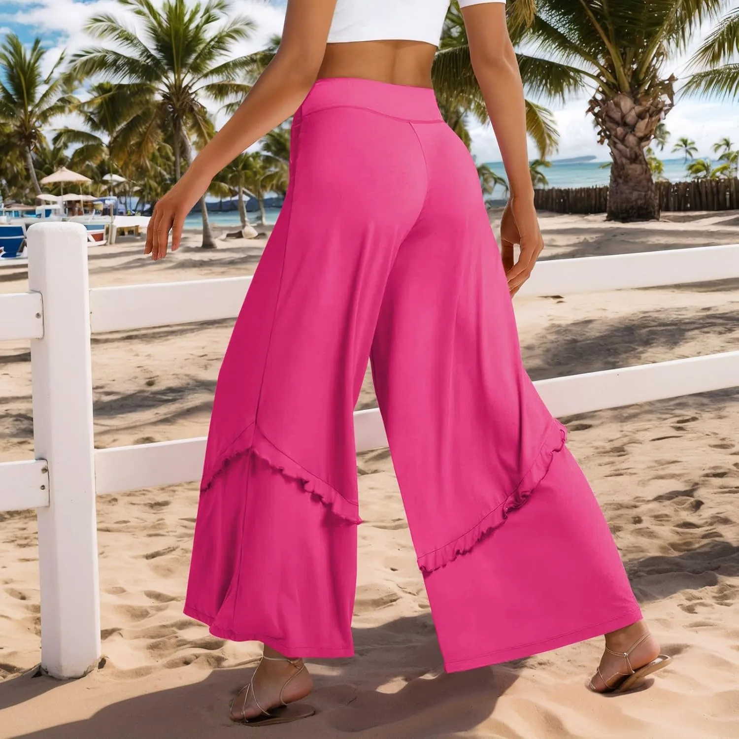 Womens Wide Leg Pants Stretch High Waisted Flowy Ruffle Palazzo Pants Lightweight Soft Comfy Yoga Pants Trousers