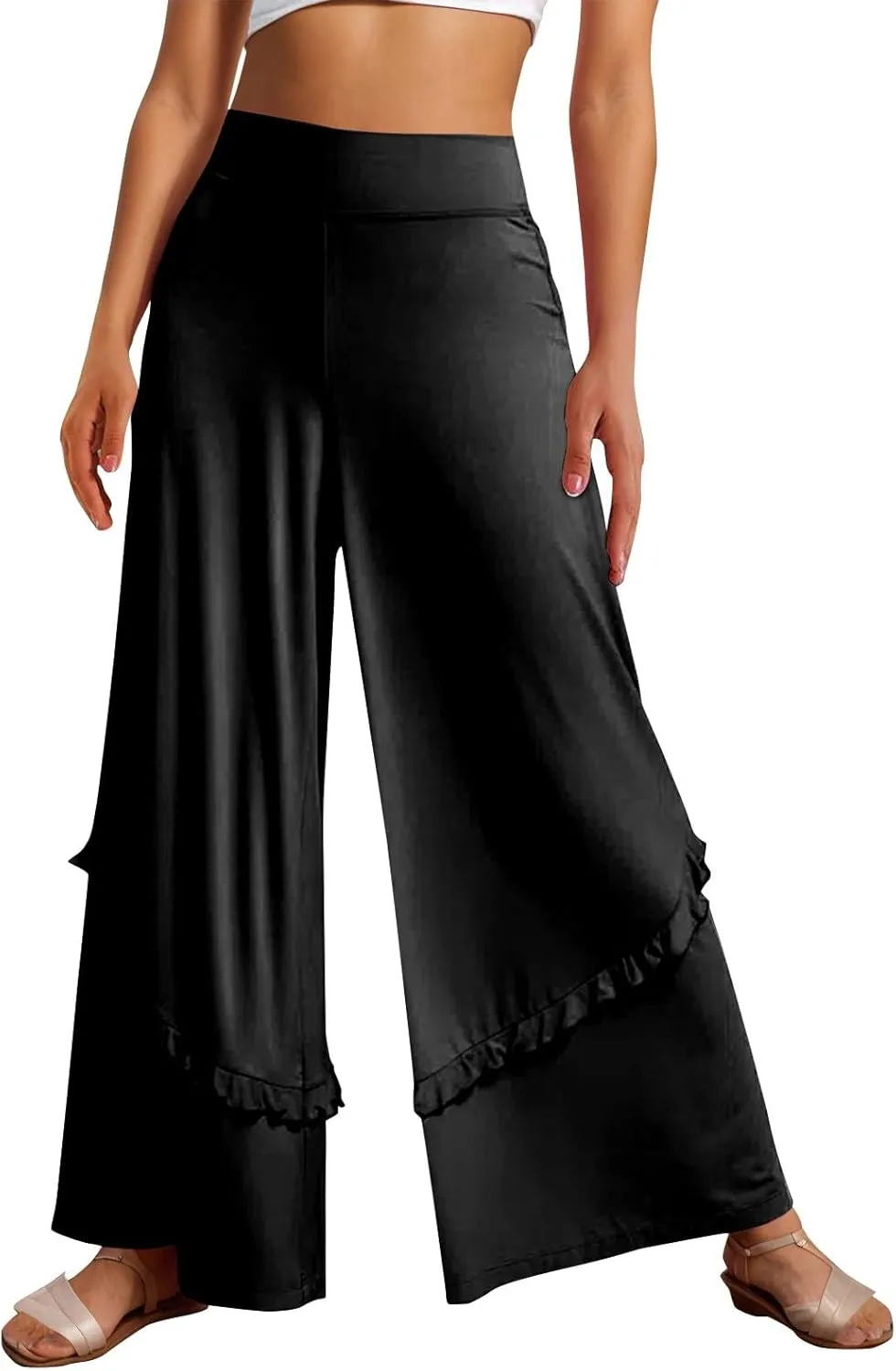 Womens Wide Leg Pants Stretch High Waisted Flowy Ruffle Palazzo Pants Lightweight Soft Comfy Yoga Pants Trousers