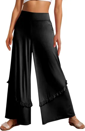 Womens Wide Leg Pants Stretch High Waisted Flowy Ruffle Palazzo Pants Lightweight Soft Comfy Yoga Pants Trousers