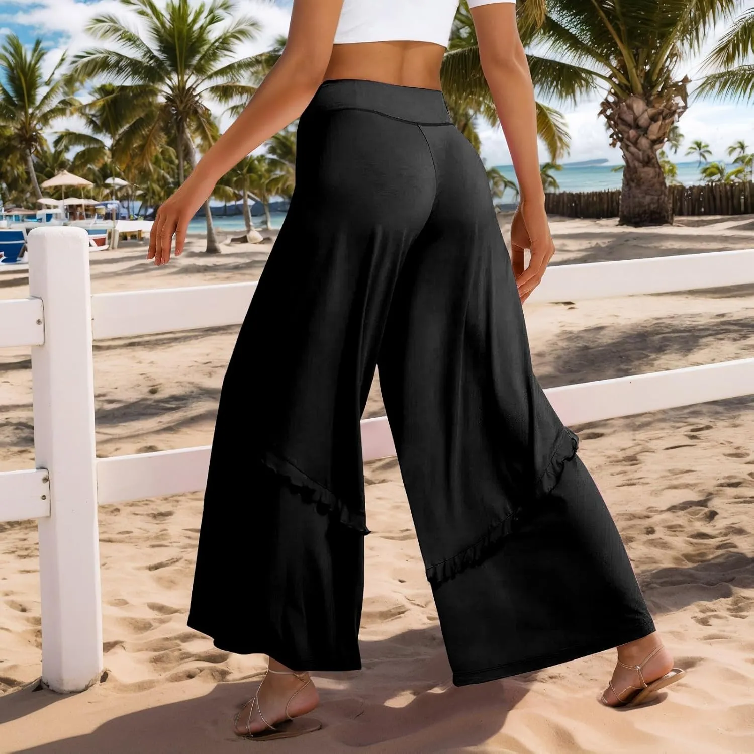 Womens Wide Leg Pants Stretch High Waisted Flowy Ruffle Palazzo Pants Lightweight Soft Comfy Yoga Pants Trousers