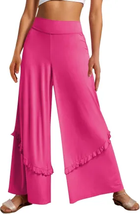 Womens Wide Leg Pants Stretch High Waisted Flowy Ruffle Palazzo Pants Lightweight Soft Comfy Yoga Pants Trousers
