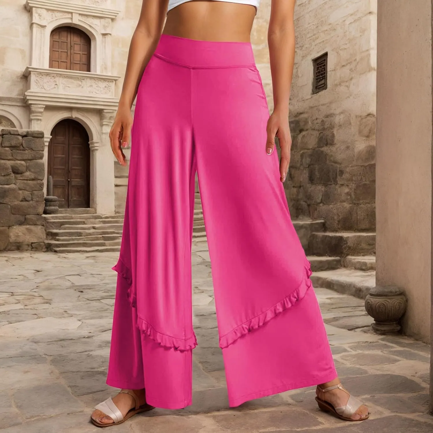 Womens Wide Leg Pants Stretch High Waisted Flowy Ruffle Palazzo Pants Lightweight Soft Comfy Yoga Pants Trousers