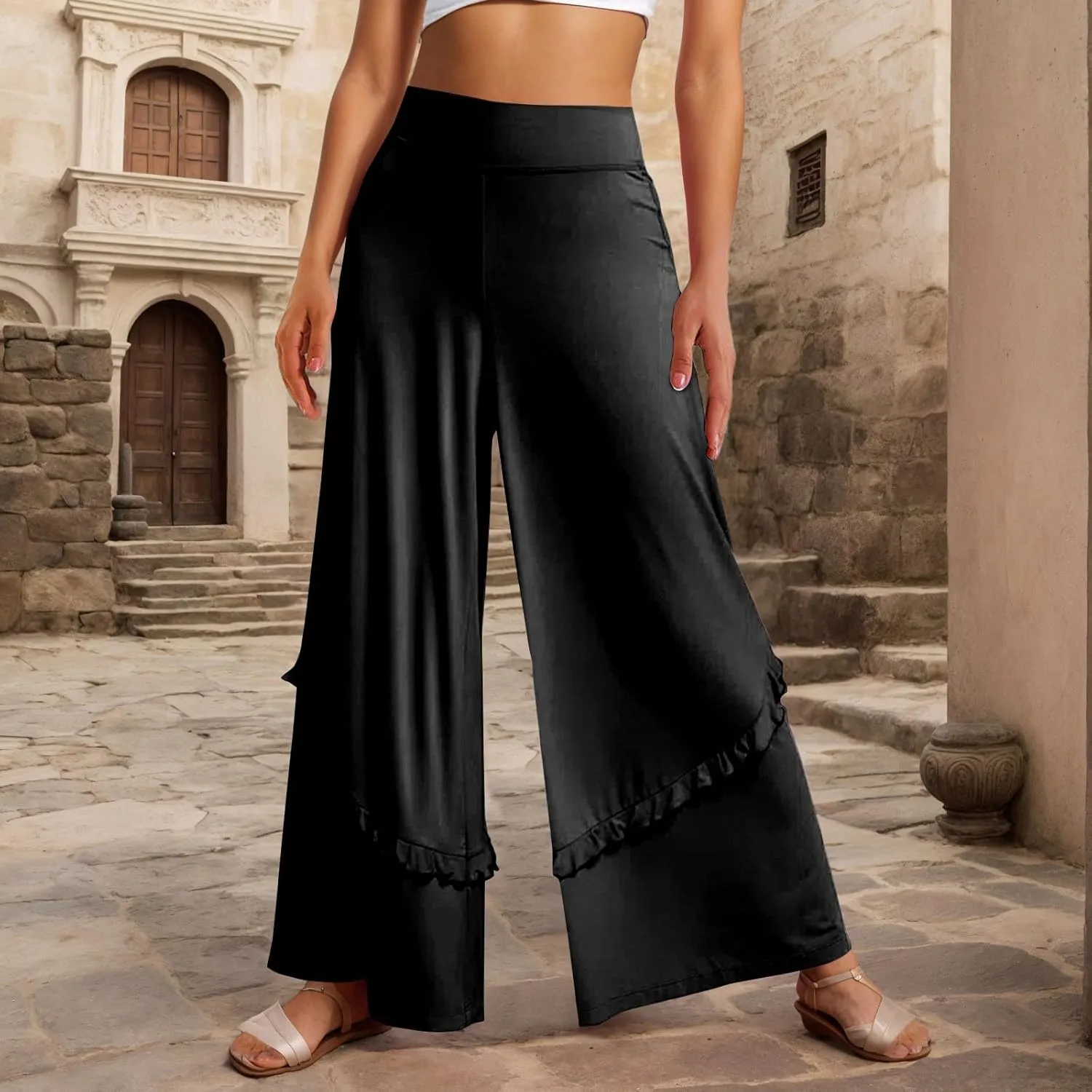 Womens Wide Leg Pants Stretch High Waisted Flowy Ruffle Palazzo Pants Lightweight Soft Comfy Yoga Pants Trousers