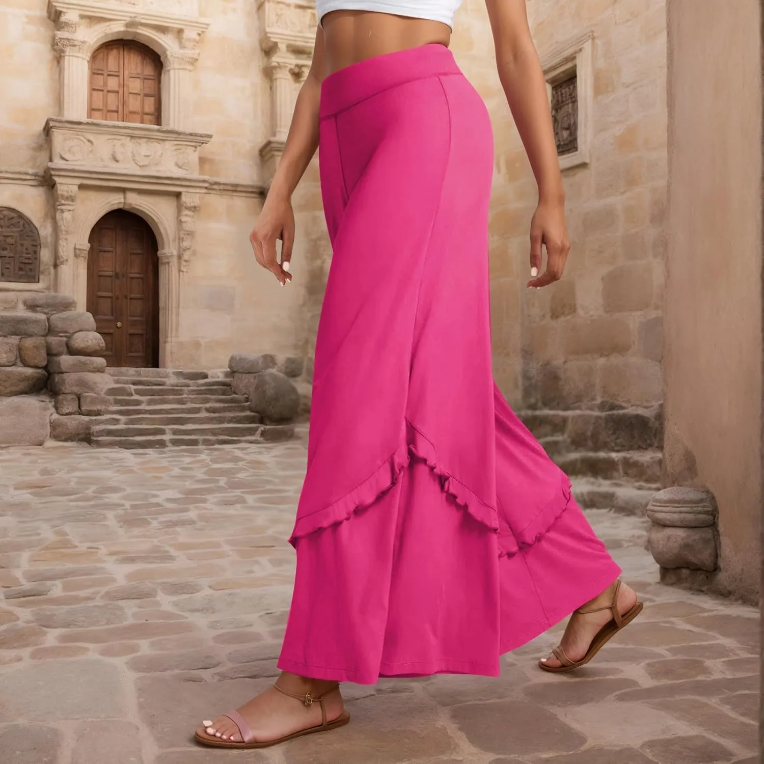 Womens Wide Leg Pants Stretch High Waisted Flowy Ruffle Palazzo Pants Lightweight Soft Comfy Yoga Pants Trousers