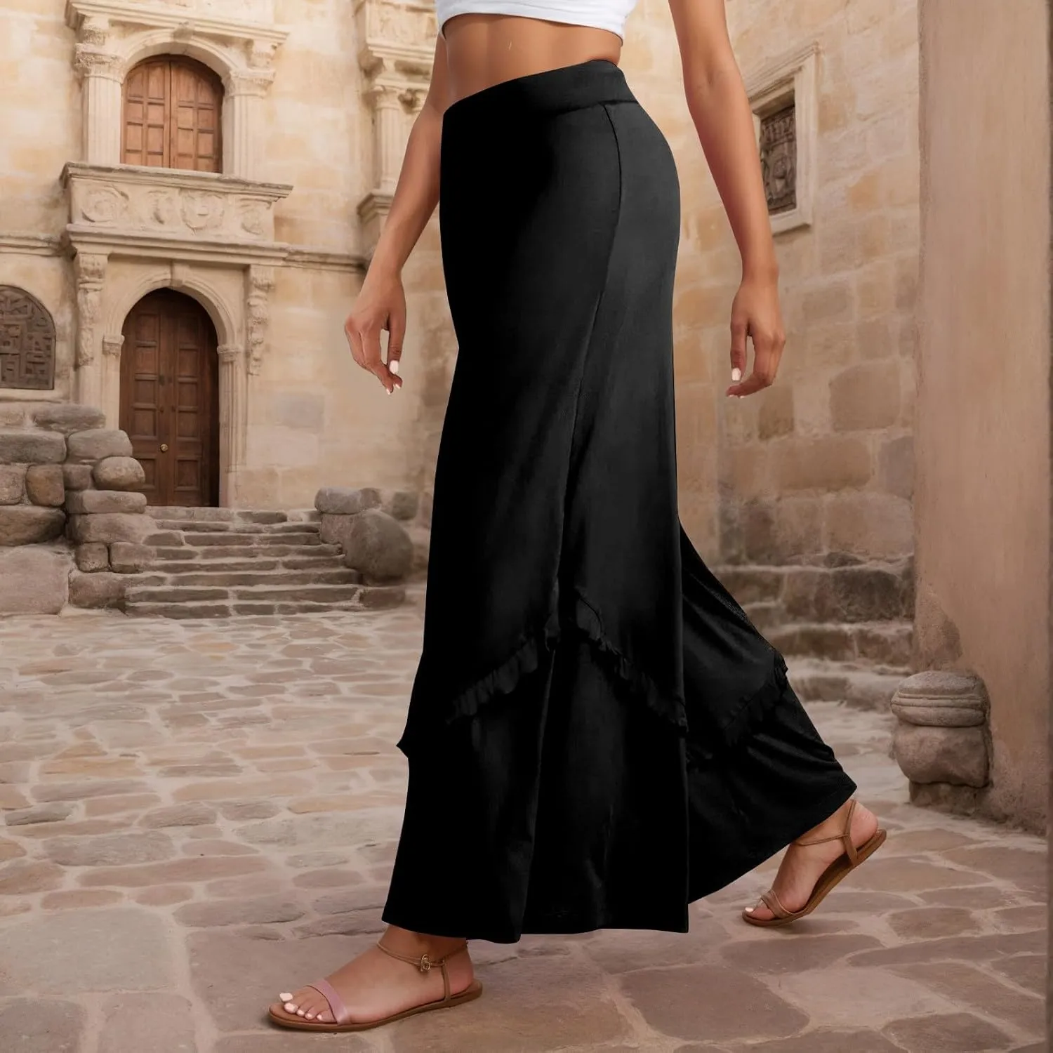 Womens Wide Leg Pants Stretch High Waisted Flowy Ruffle Palazzo Pants Lightweight Soft Comfy Yoga Pants Trousers