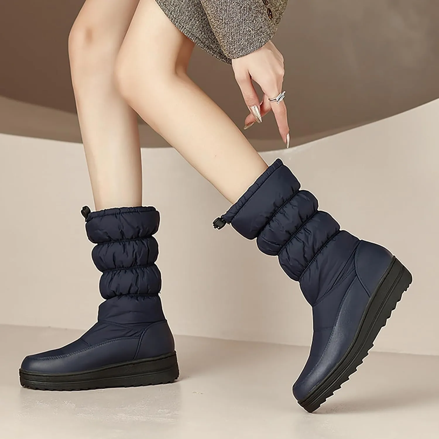 Womens Winter Snow Boots Warm Fur Lined Mid Calf Winter Booties Puffy Waterproof Slip On Lightweight Womens Boots