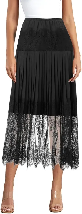 Womens Y2k Lace Midi Skirts Summer Lace Half Slip Skirt Pleated Ruffle Floral Lace Tiered Flowy Skirts Underskirt