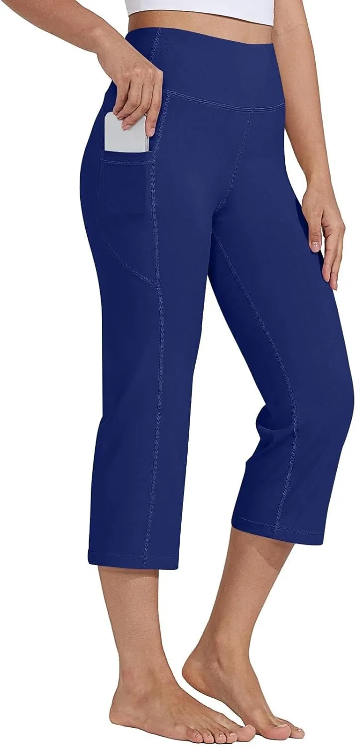 Womens Yoga Capri Pants Legging with Pockets for Women Plus High Waisted Tummy Control Straight Leg Workout Crop Pant