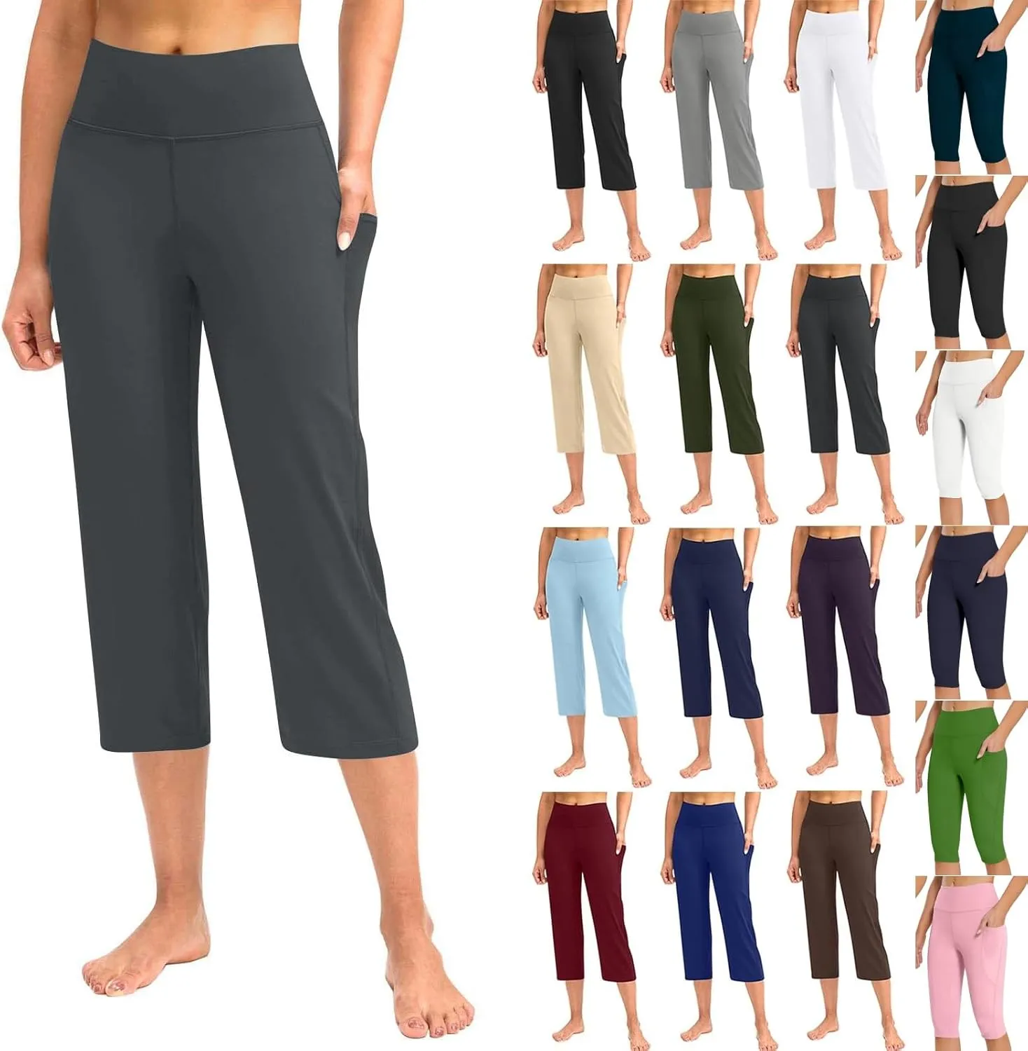 Womens Yoga Capri Pants Legging with Pockets for Women Plus High Waisted Tummy Control Straight Leg Workout Crop Pant