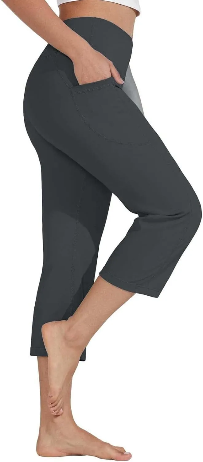Womens Yoga Capri Pants Legging with Pockets for Women Plus High Waisted Tummy Control Straight Leg Workout Crop Pant