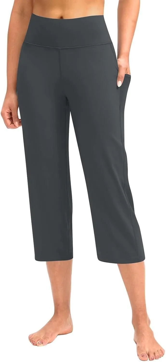 Womens Yoga Capri Pants Legging with Pockets for Women Plus High Waisted Tummy Control Straight Leg Workout Crop Pant