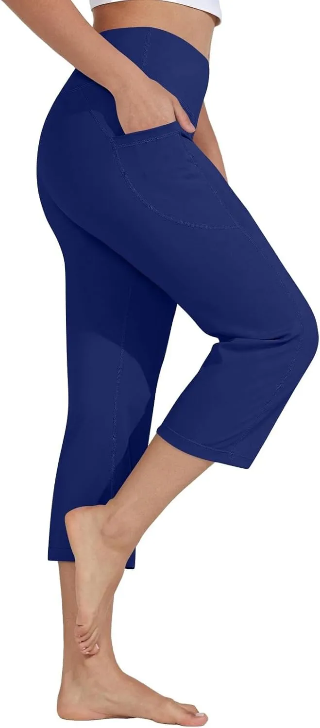 Womens Yoga Capri Pants Legging with Pockets for Women Plus High Waisted Tummy Control Straight Leg Workout Crop Pant