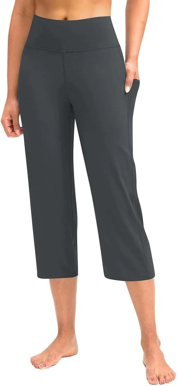 Womens Yoga Capri Pants Legging with Pockets for Women Plus High Waisted Tummy Control Straight Leg Workout Crop Pant