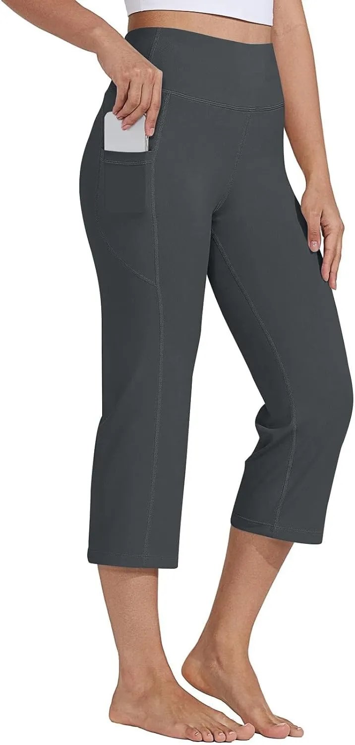 Womens Yoga Capri Pants Legging with Pockets for Women Plus High Waisted Tummy Control Straight Leg Workout Crop Pant