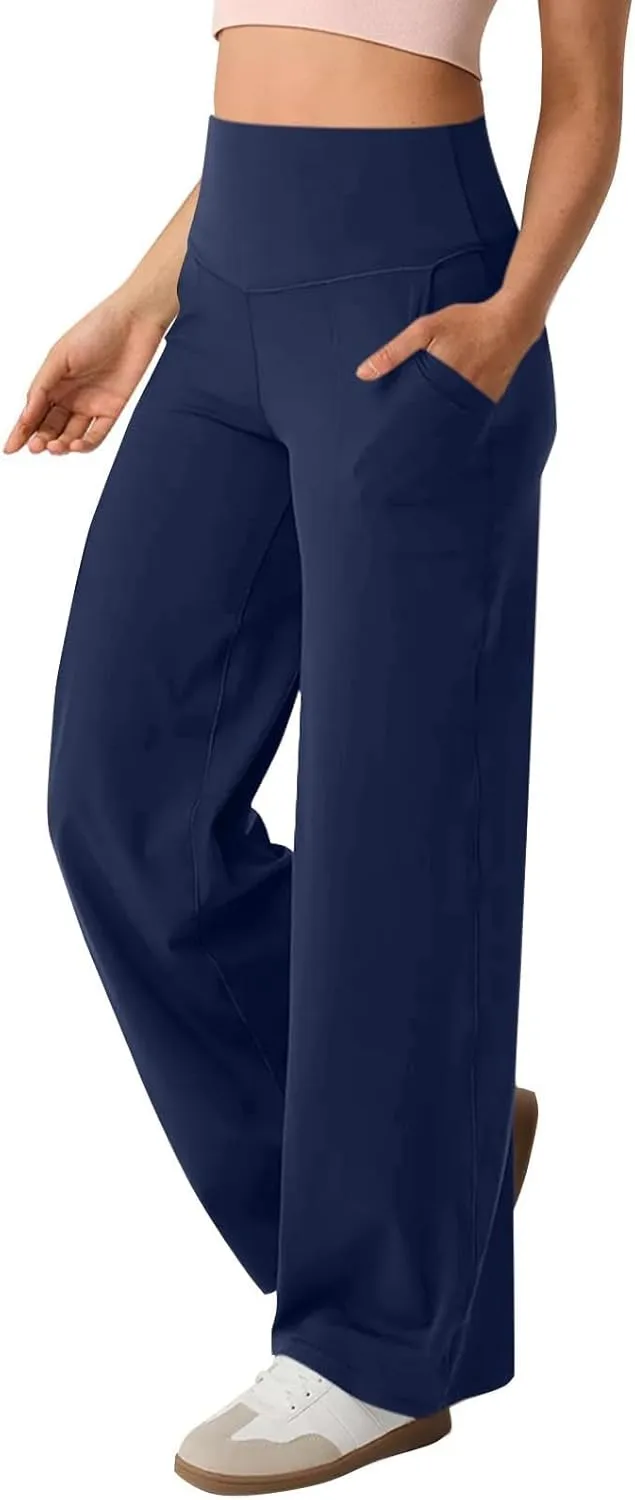 Womens Yoga Pants with Pockets Straight Wide Leg Dress Work Pants Stretch Casual Workout Bootcut Flare Leggings