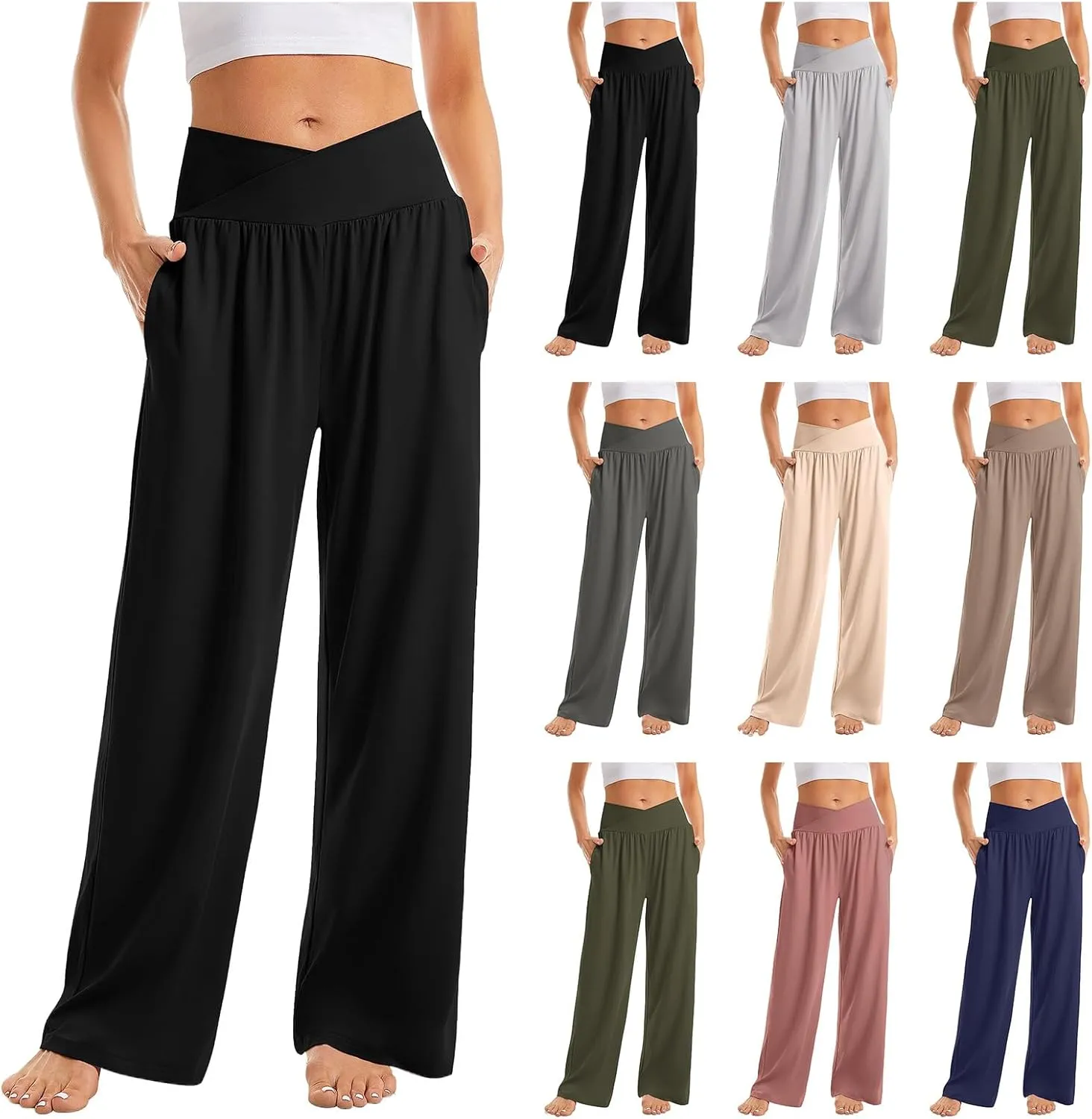 Womens Yoga Sweatpants Wide Leg Lounge Crosscover High Waist Stretch Work Pants Casual Elastic Waist Slacks