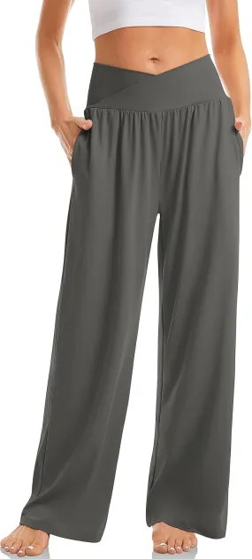 Womens Yoga Sweatpants Wide Leg Lounge Crosscover High Waist Stretch Work Pants Casual Elastic Waist Slacks
