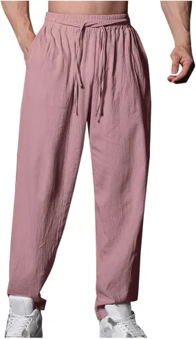 Xiaojmake Cotton Linen Long Pant Men Summer Home Beach Pants Loose Fit Elastic Waist Drawstring Lounge Pant Wide Leg Trouser