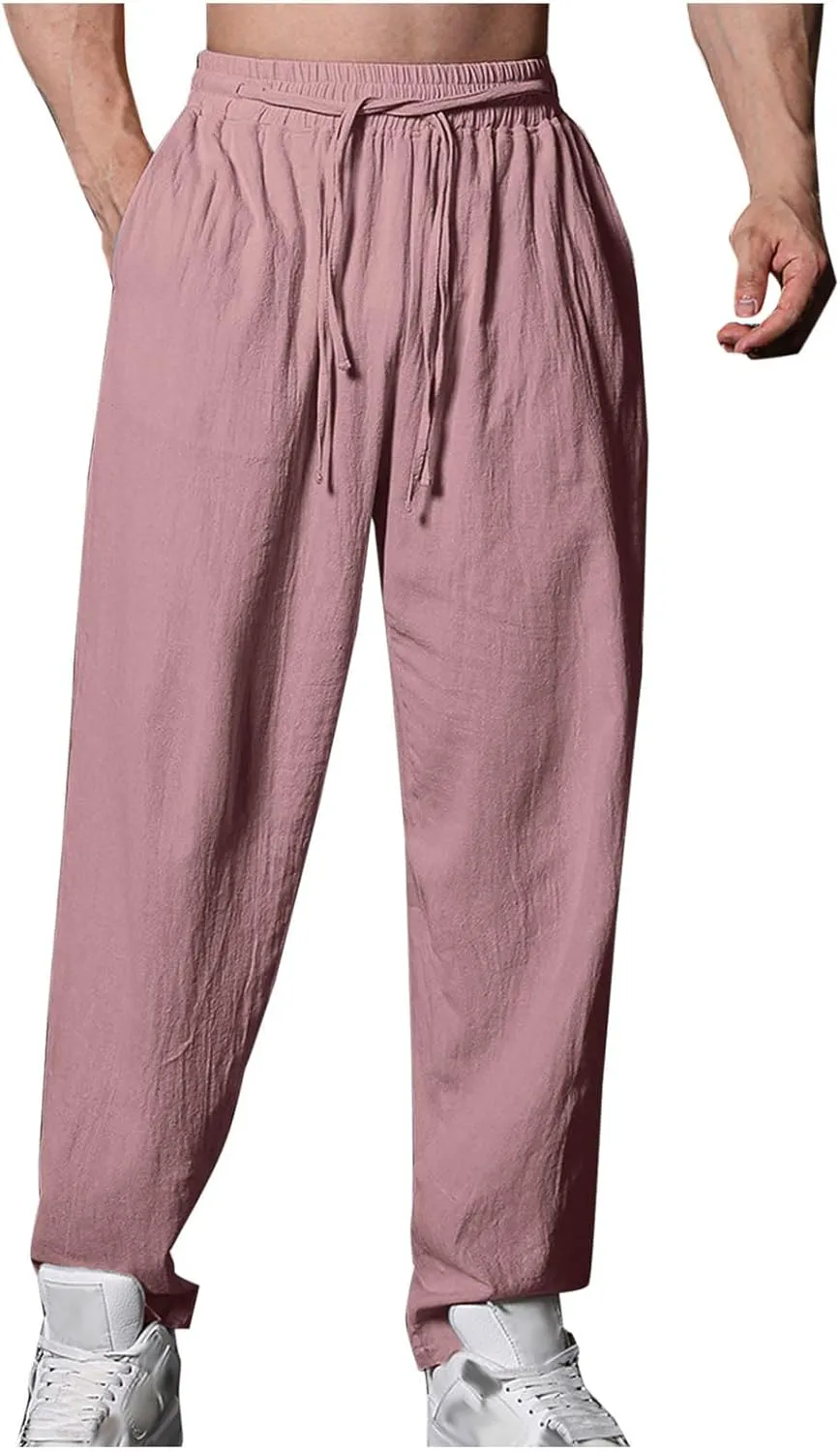 Xiaojmake Cotton Linen Long Pant Men Summer Home Beach Pants Loose Fit Elastic Waist Drawstring Lounge Pant Wide Leg Trouser