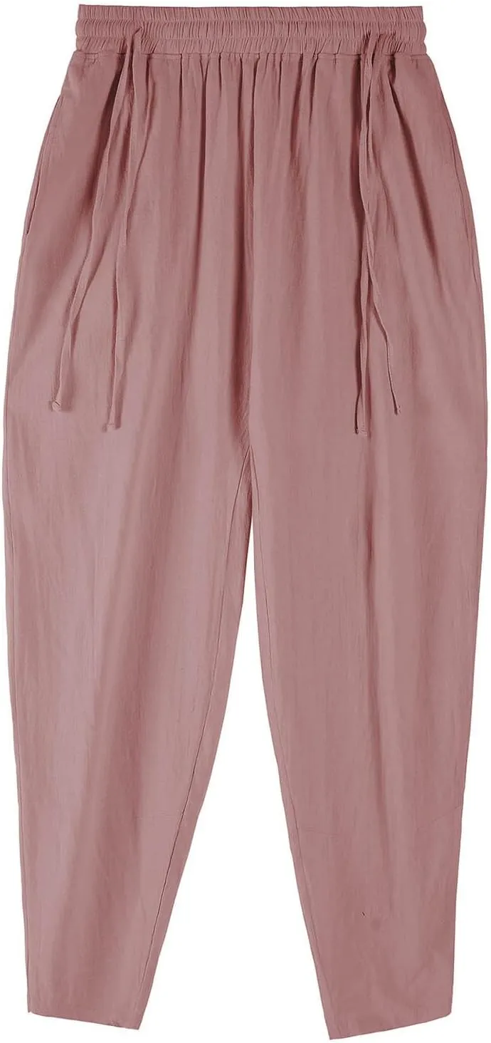 Xiaojmake Cotton Linen Long Pant Men Summer Home Beach Pants Loose Fit Elastic Waist Drawstring Lounge Pant Wide Leg Trouser