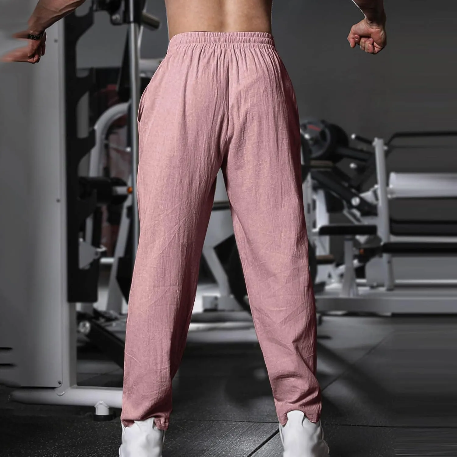 Xiaojmake Cotton Linen Long Pant Men Summer Home Beach Pants Loose Fit Elastic Waist Drawstring Lounge Pant Wide Leg Trouser