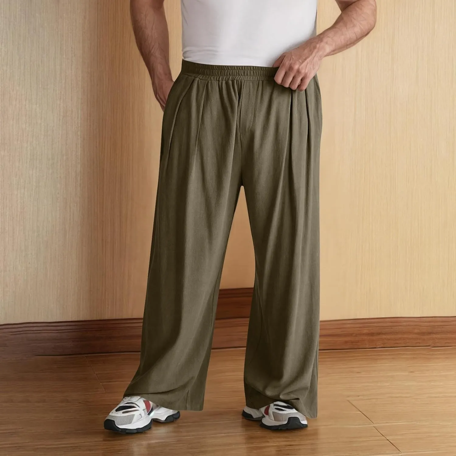 Xiaojmake Men's Wide Leg Linen Pants Big and Tall Casual Loose Cotton Hippie Yoga Beach Pants Straight Fit Baggy Trousers