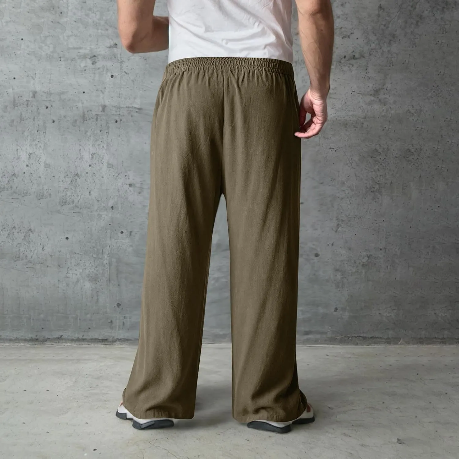 Xiaojmake Men's Wide Leg Linen Pants Big and Tall Casual Loose Cotton Hippie Yoga Beach Pants Straight Fit Baggy Trousers