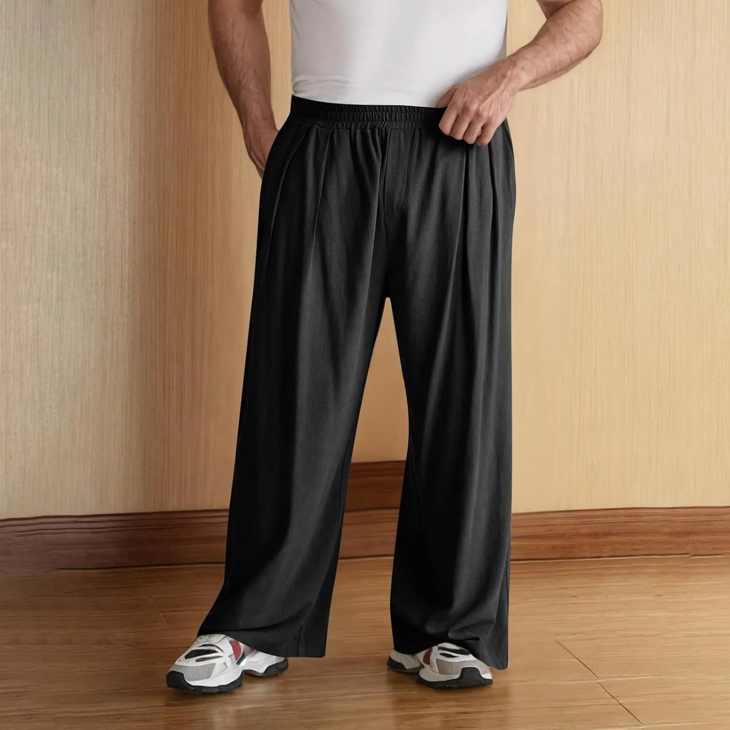 Xiaojmake Men's Wide Leg Linen Pants Big and Tall Casual Loose Cotton Hippie Yoga Beach Pants Straight Fit Baggy Trousers