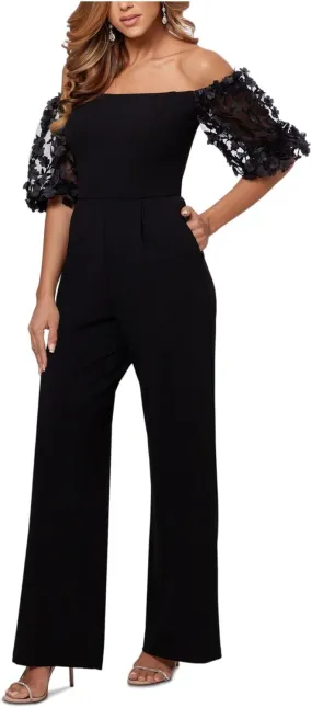 Xscape Womens Petites Floral Applique Off-The-Shoulder Jumpsuit Black 12P