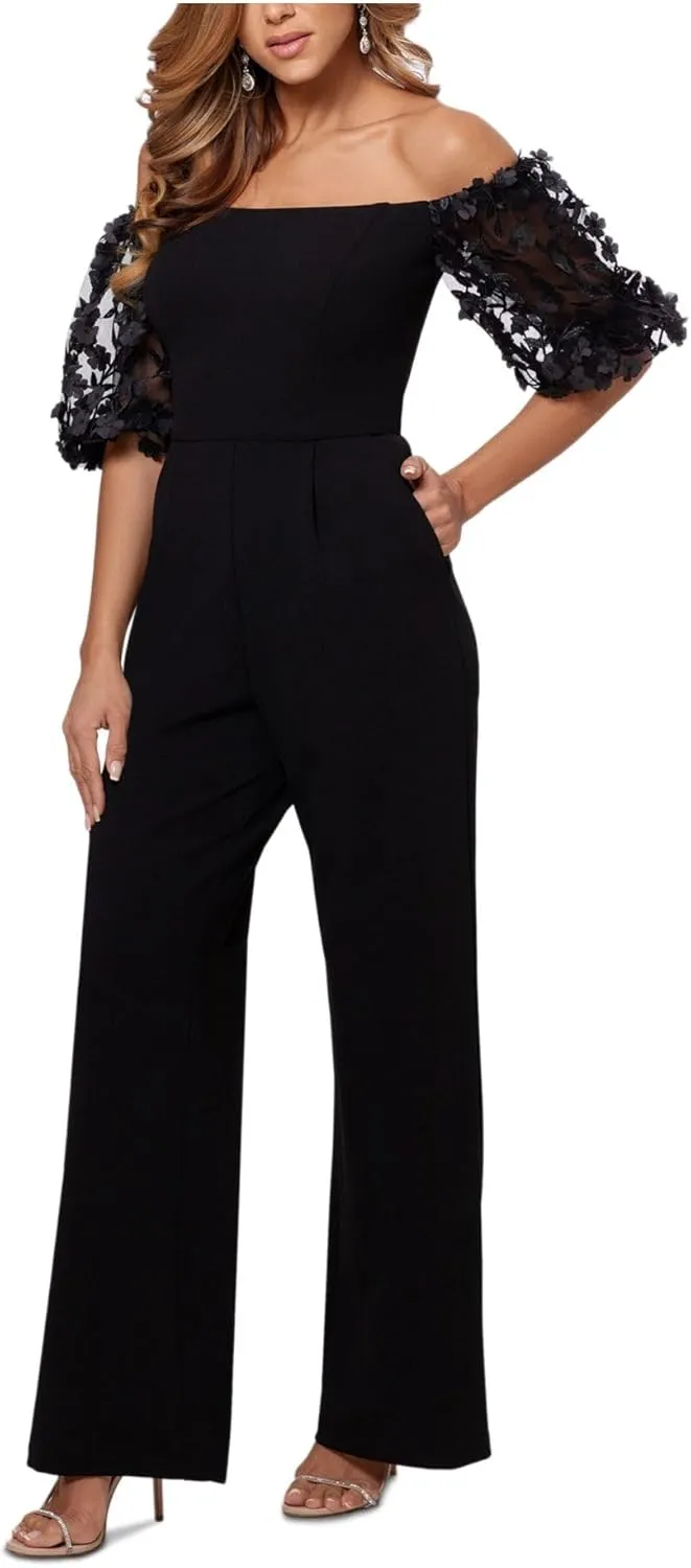 Xscape Womens Petites Floral Applique Off-The-Shoulder Jumpsuit Black 12P