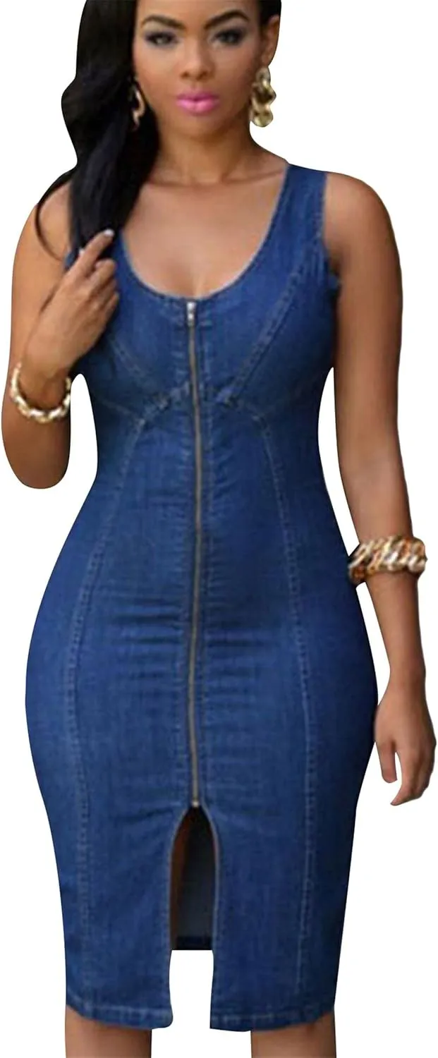 YMING Womens Zipper Front Slim Dresses Sleeveless Club Dress Party Midi Bodycon Dress Plus Size