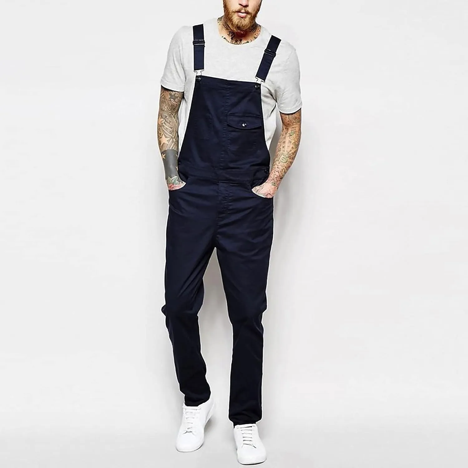 Ymosrh Men's Chino Regular Jumpsuit Streetwear Pocket Suspender Trousers Khaki Cargo Pants