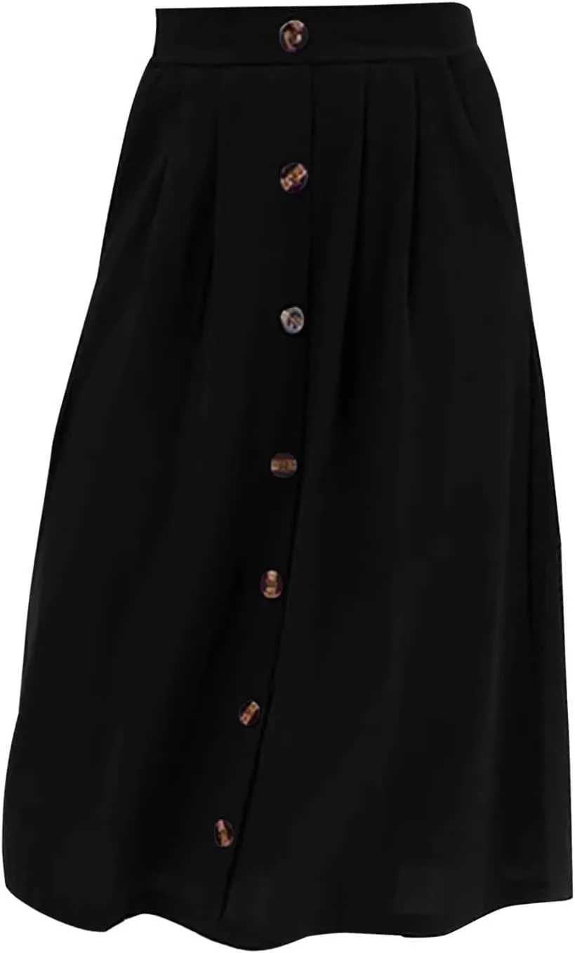 YOLAI Women A-Line Pleated Skirt Loose Button Down Business Work Skirt Flowy Swing High Waist Midi Skirt