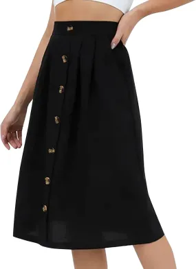 YOLAI Women A-Line Pleated Skirt Loose Button Down Business Work Skirt Flowy Swing High Waist Midi Skirt