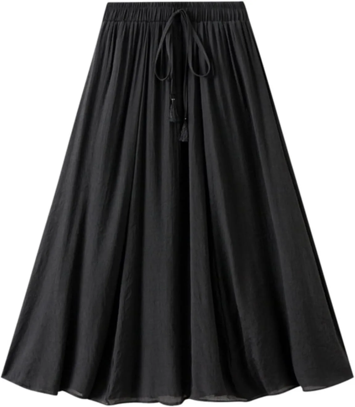 YOLAI Women Cotton and Linen Skirt Solid Color Casual Pleated Skirt Elastic Waist Drawstring A-Line Swing Skirt