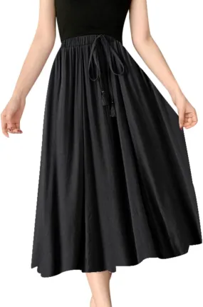 YOLAI Women Cotton and Linen Skirt Solid Color Casual Pleated Skirt Elastic Waist Drawstring A-Line Swing Skirt