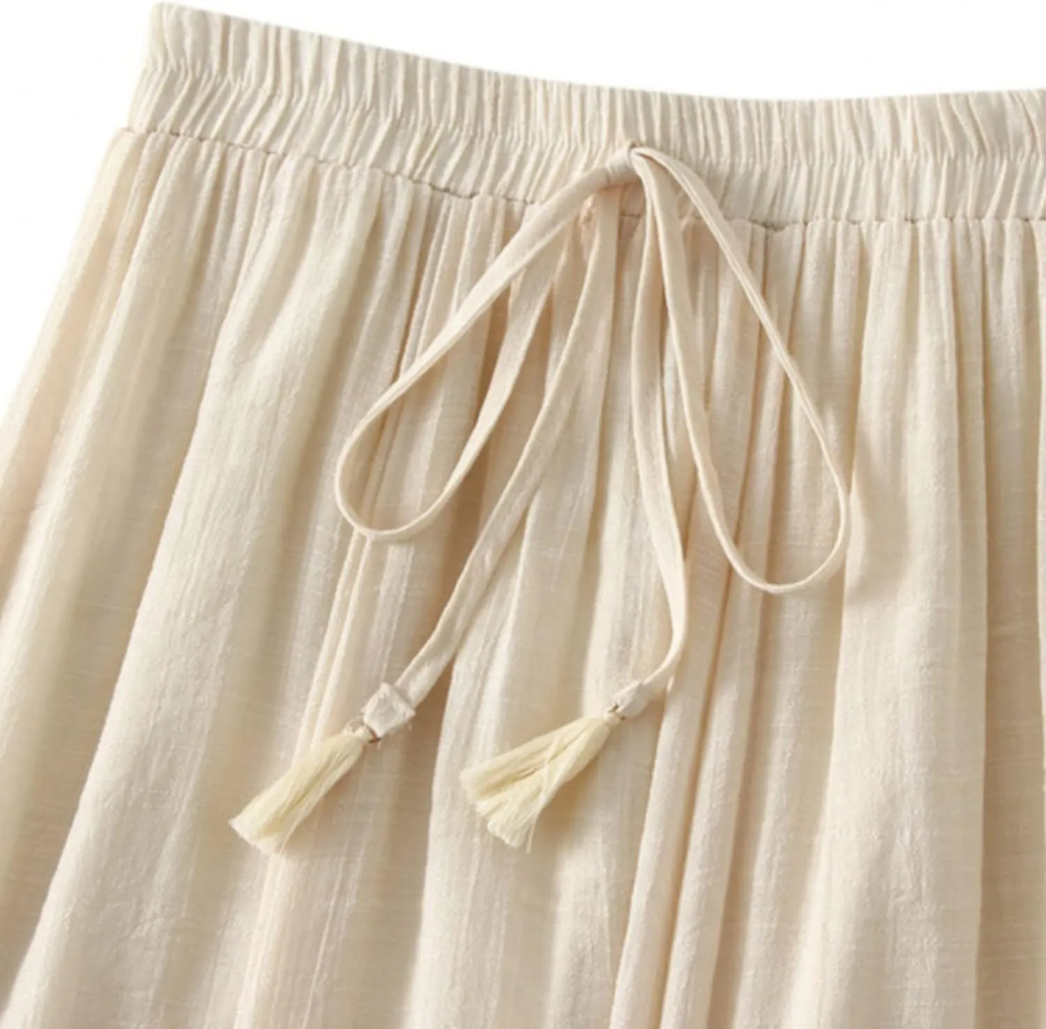 YOLAI Women Cotton and Linen Skirt Solid Color Casual Pleated Skirt Elastic Waist Drawstring A-Line Swing Skirt