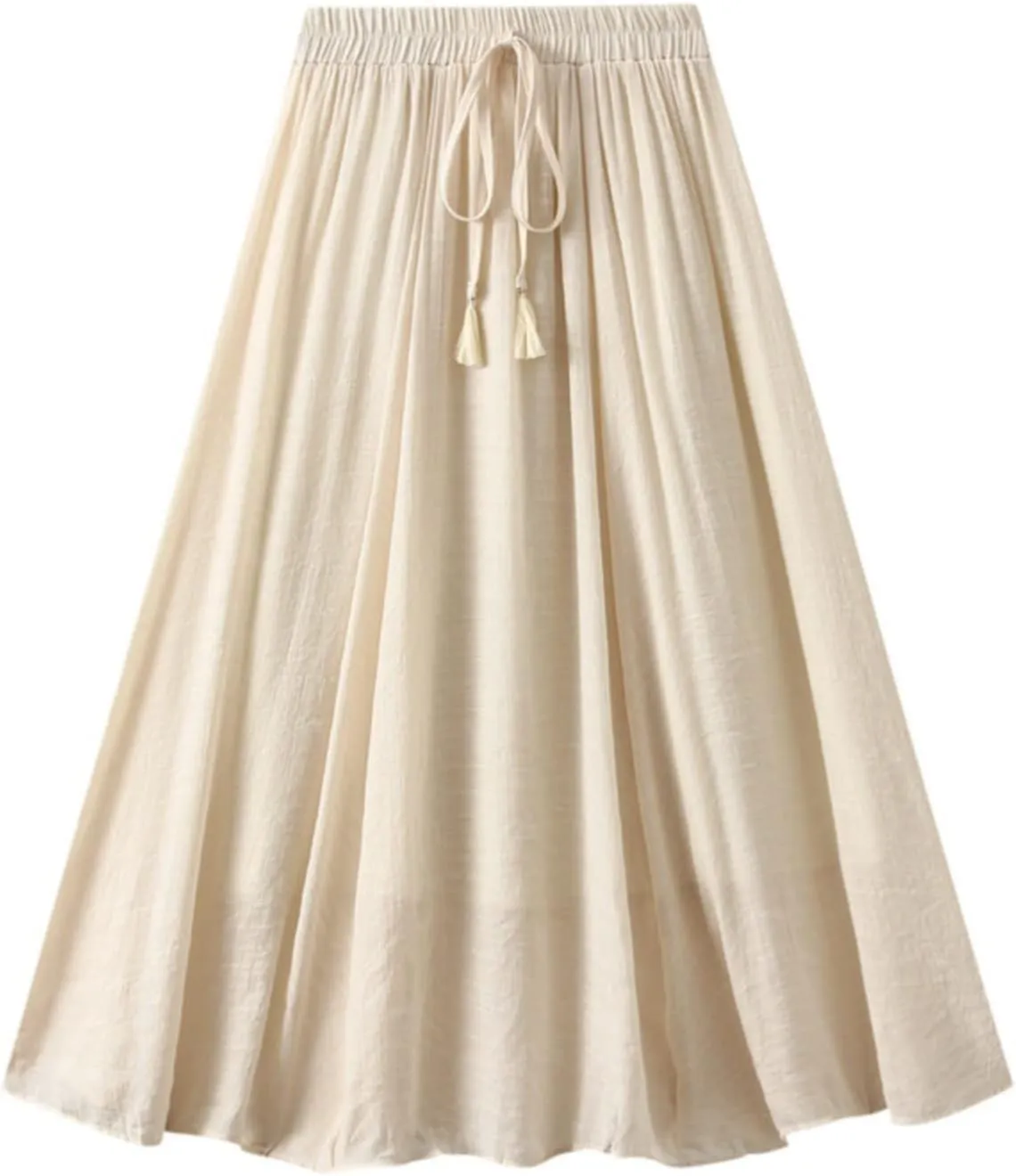 YOLAI Women Cotton and Linen Skirt Solid Color Casual Pleated Skirt Elastic Waist Drawstring A-Line Swing Skirt