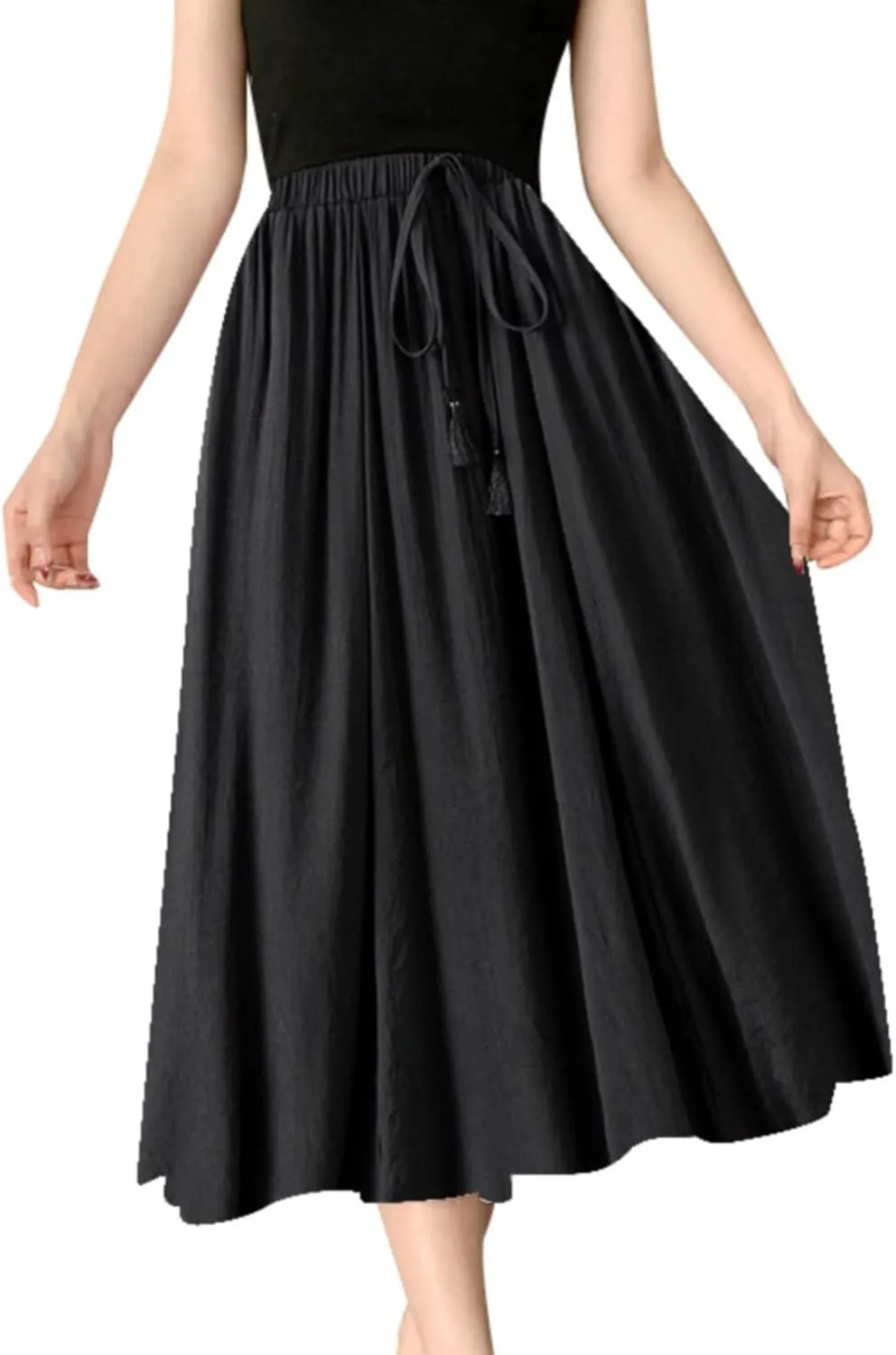 YOLAI Women Cotton and Linen Skirt Solid Color Casual Pleated Skirt Elastic Waist Drawstring A-Line Swing Skirt