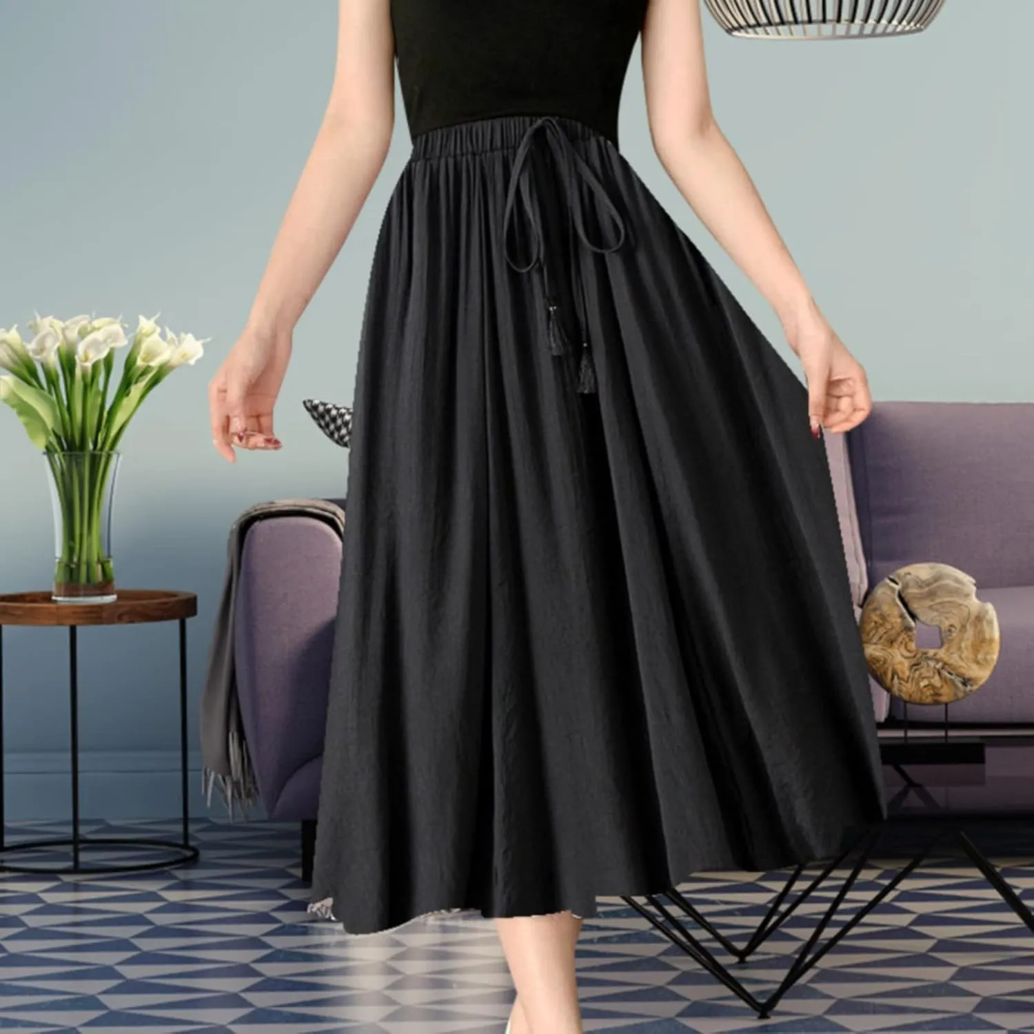 YOLAI Women Cotton and Linen Skirt Solid Color Casual Pleated Skirt Elastic Waist Drawstring A-Line Swing Skirt